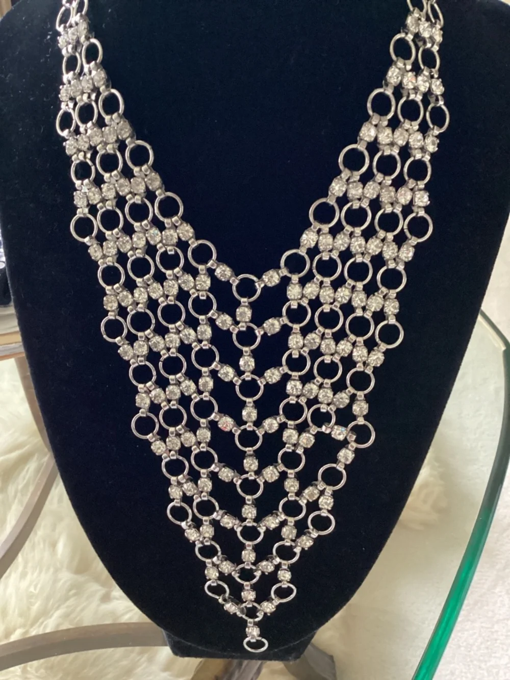 Reversible Statement Crystal and Silvertone Bib Necklace
